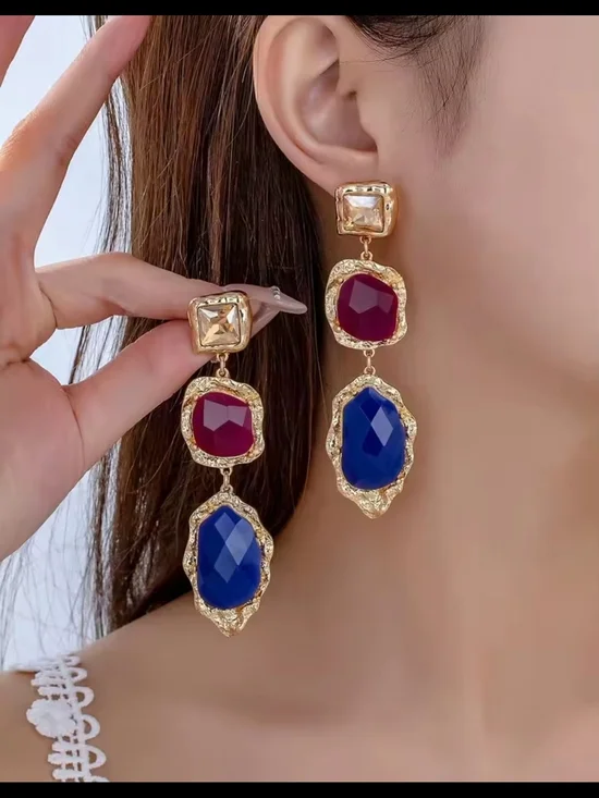 Gold-Tone Earrings with Purple & Blue Stones - Picture 2 of 6